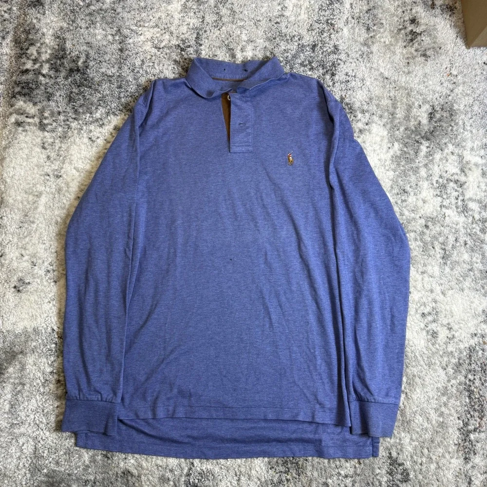 Polo‎ Ralph Lauren Mens Blue Long Sleeve Polo Shirt Heathered Jersey Suede Trim